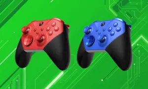 Dwa kontrolery Xbox Elite Series 3, czerwony i niebieski, na zielonym tle z elementami obwodów.