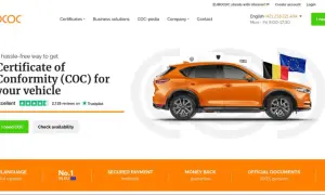 Orange bil från Tjeckien med flaggor från Belgien och EU. Eurococ hjälper dig att få intyg för din bil.