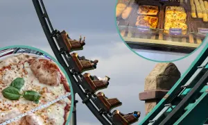 Energylandia: pyszne jedzenie i ceny. Pizza i wypieki w parku rozrywki, a obok kolejka górska.