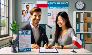 Uśmiechnięci ludzie podpisują dokument "HEALTH INSURANCE POLSKA". Dowiedz się, jak sprawdzić czy jest się ubezpieczonym.