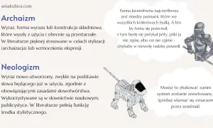 Ilustracja przedstawia rycerza w zbroi i robota przypominającego psa, obok tekstów o archaizmach i neologizmach.