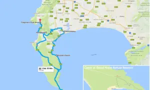 Karte der Kap-Halbinsel mit Route von Kapstadt über Chapman's Peak Drive, Noordhoek, Boulders Beach zum Kap der Guten Hoffnung.