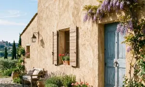 Maison de campagne avec enduit à la chaux extérieur, porte bleue, volets en bois, banc et lavande.
