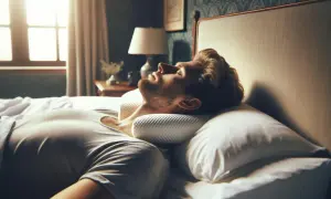 Man sleeping with a contoured pillow. Is sleeping with two pillows bad for your neck? This pillow aims to support it.