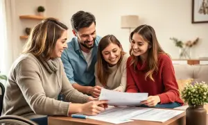 Famiglia discute documenti, forse un mutuo per una casa disabili. Sorrisi e speranza per un futuro con un buon tasso interesse.