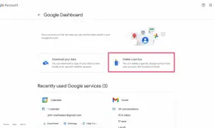 Tableau de bord Google : option pour supprimer un service, comme Gmail.