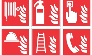 Znaki ognia: wąż strażacki, gaśnica, przycisk alarmowy, hełm, drabina, telefon.