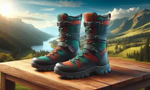 Kolorowe buty trekkingowe na drewnianym stole. W tle malowniczy krajobraz z jeziorem i górami. Wyobraź sobie skutki braku stuptutów na bagnistych trasach Hebrydów Zewnętrznych!