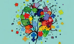 Kolorowe puzzle tworzą drzewo, symbolizując złożoność i różnorodność w kontekście autyzmu. Statystyki pokazują, jak wiele osób jest dotkniętych.