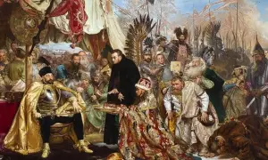 Uroczysta chwila podczas Konfederacji Warszawskiej. Król Jan Kazimierz klęka przed biskupem, przyjmując symboliczne dary.