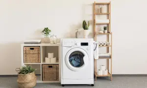 Waschmaschine mit Aquastop, die undicht ist, steht neben einem Regal mit Handtüchern und Pflanzen.