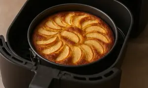 Torta di mele in friggitrice ad aria, dorata e profumata, pronta per essere gustata.