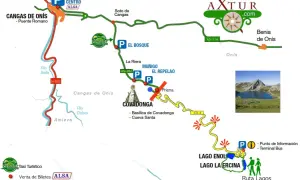 Mapa de la ruta a los Lagos de Covadonga, mostrando Cangas de Onís, la basílica y los lagos Enol y Ercina.