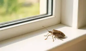 Une petite bête maison, un insecte brun, se repose sur le rebord d'une fenêtre blanche, regardant dehors.