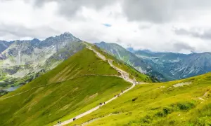 Szlak w Tatrach, idealne miejsce, gdzie w góry jesienią. Zielone zbocza, kamienista ścieżka i tłumy turystów.