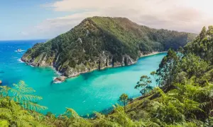 Bahía de aguas turquesas y vegetación exuberante, un rincón secreto con cosas escondidas que ver en Cantabria.