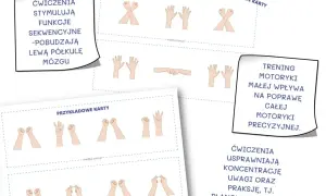Karty z ćwiczeniami dłoni, które pomagają w regeneracji po treningu, usprawniając motorykę małą i koncentrację.