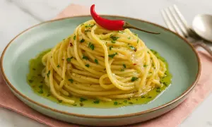 Ein Berg aus **Spaghetti Aglio Olio Original Italienisch**, garniert mit einer roten Chilischote und frischer Petersilie.