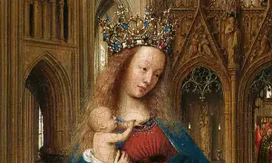 Detail aus Kunstwerken von Jan van Eyck: Madonna mit Kind, gekrönt, in einer gotischen Kirche.