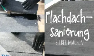 Hände mit Handschuhen verlegen Dachpappe auf einem Flachdach. Bitumen wird aufgetragen, um die Abdichtung zu sichern.