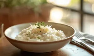 Un crémeux risotto cookeo, garni de parmesan et de thym frais, servi dans un bol sur une table en bois.