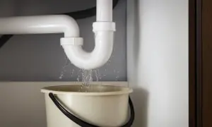 Undichtigkeit am Siphon: Wasser tropft in einen Eimer. Dies zeigt, wie wichtig es ist, Siphon Dichtungen richtig einsetzen, um solche Probleme zu vermeiden.