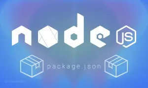 Logo Node.js avec des icônes de paquets et "package.json", symbolisant les **node modules**.