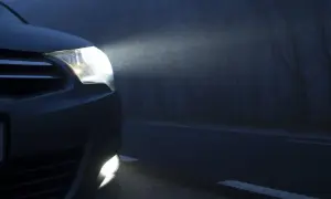 El coche avanza en la niebla con sus luces antiniebla encendidas, iluminando el camino oscuro y los árboles a un lado.