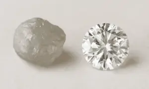 Surowy, nieoszlifowany przezroczysty kamień obok lśniącego, fasetowanego diamentu.