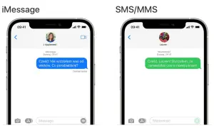 Porównanie iMessage i SMS/MMS. Na iMessage niebieska bańka z tekstem "Cześć! Nie widziałem was od wieków. Co porabialiście?". Na SMS/MMS zielona bańka z tekstem "Cześć, Lauren! Słyszałem, że zamawiałaś coś w nowej pizzerii.