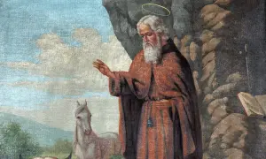 Św. Antoni z Padwy, otoczony aurą, błogosławi zwierzęta. Obok niego koń i krowa, symbolizujące cuda św. Antoniego.
