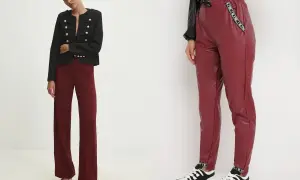 Dwie stylizacje z bordowymi spodniami: eleganckie z marynarką i sportowe z sneakersami.