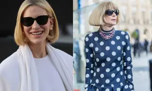 Cate Blanchett i Anna Wintour w stylowych fryzurach french bob. Jedna w bieli, druga w grochy.