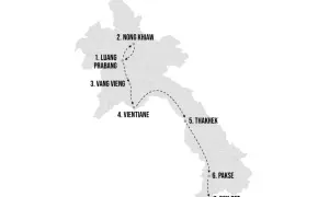 Karte von Laos mit einer empfohlenen laos backpacking route: Luang Prabang, Nong Khiaw, Vang Vieng, Vientiane, Thakhek, Pakse, Don Det.