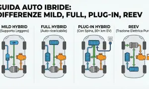 Schema che illustra le differenze tra auto ibride: Mild, Full Hybrid (auto-ricaricabile), Plug-in Hybrid e REEV.
