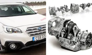 Vit Subaru Outback med en genomskuren automatlåda. Kanske ett Subaru Outback problem med transmissionen?