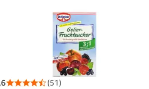 Dr. Oetker Gelier-Fruchtzucker mit 3:1 Verhältnis für kalorienreduzierte Konfitüre. Der Unterschied zu normalem Gelierzucker liegt im geringeren Kaloriengehalt.