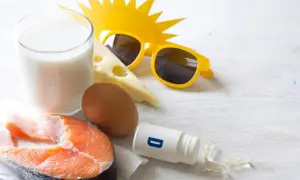 Zomerse zon, zonnebril en voedingsmiddelen die een stootkuur vitamine D bieden: zalm, ei, melk en kaas. Ook supplementen zijn zichtbaar.