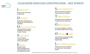 Viktig information om clozapine biverkningar: livsstil, observation, laxermedel, sök hjälp, lavemang, statistik, tidig debut, riskfaktorer och livshotande komplikationer.