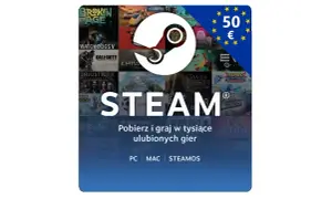 Karta podarunkowa Steam 50€ z logiem Steam i grafikami gier. Idealna dla graczy, jak karta Steam Żabka.