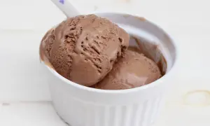 Dos bolas de cremoso helado de chocolate casero en un cuenco blanco, con una cuchara lista para disfrutar.
