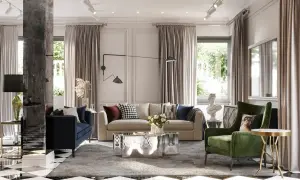 Elegancki salon w stylu nowojorskim, modern classic. Granatowa sofa, zielony fotel, lustrzany stolik kawowy i szachownica na podłodze.