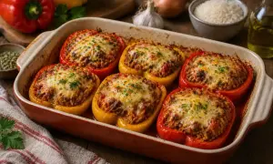 Six poivrons au four, garnis de viande et de riz, recouverts de fromage fondu et de persil.
