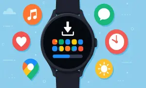 Montre connectée affichant des icônes d'applications, avec un guide visuel pour savoir comment connecter ma montre à mon téléphone.