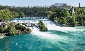 Breite, türkise Wasserströme stürzen über Felsen, umgeben von grünen Hügeln mit Häusern und einer Brücke. Die Rhine Waterfalls sind ein beeindruckendes Naturschauspiel.