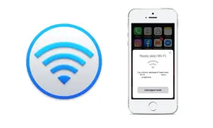 Ikona Wi-Fi i iPhone z komunikatem "Hasło sieci Wi-Fi". Dowiedz się, jak wpisać hasło do Wi-Fi w telefonie.
