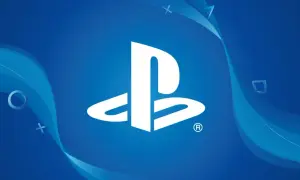 Logo PlayStation na niebieskim tle z falami i symbolami.