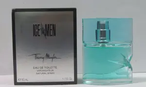 Mugler a man, woda toaletowa Ice Men w błękitnym flakonie i srebrnym opakowaniu.