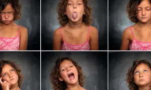 Seis caras de una niña muestran diversas emociones infantiles: enfado, burla, calma, reflexión, sorpresa y anhelo.
