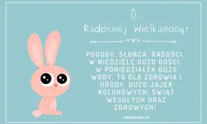 Uroczy króliczek z wielkimi oczami życzy wesołych wierszyków wielkanocnych, słońca i radości.